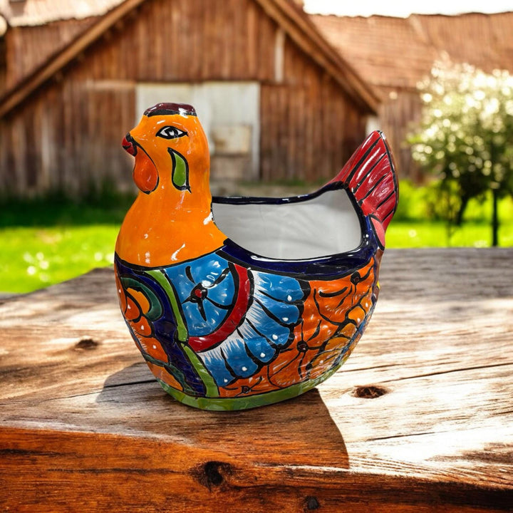Hand Painted Mexican Talavera Chicken Hen Planter Pot (Varying Design)