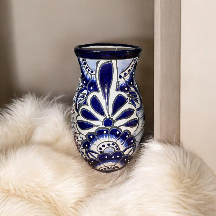 Dark Blue and White Hand Painted Small Talavera Vase