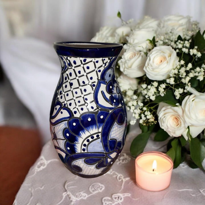 Dark Blue and White Hand Painted Small Talavera Vase