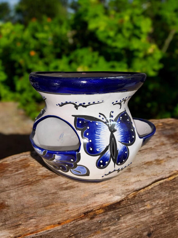 Dark Blue and White Butterfly Hand Painted Strawberry S Planter Pot