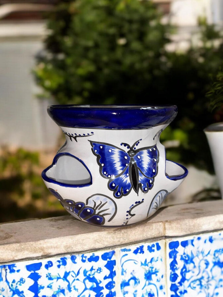 Dark Blue and White Butterfly Hand Painted Strawberry S Planter Pot