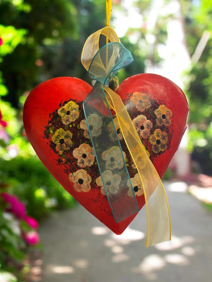 Inflated Floral Tin Heart Hanging Decor