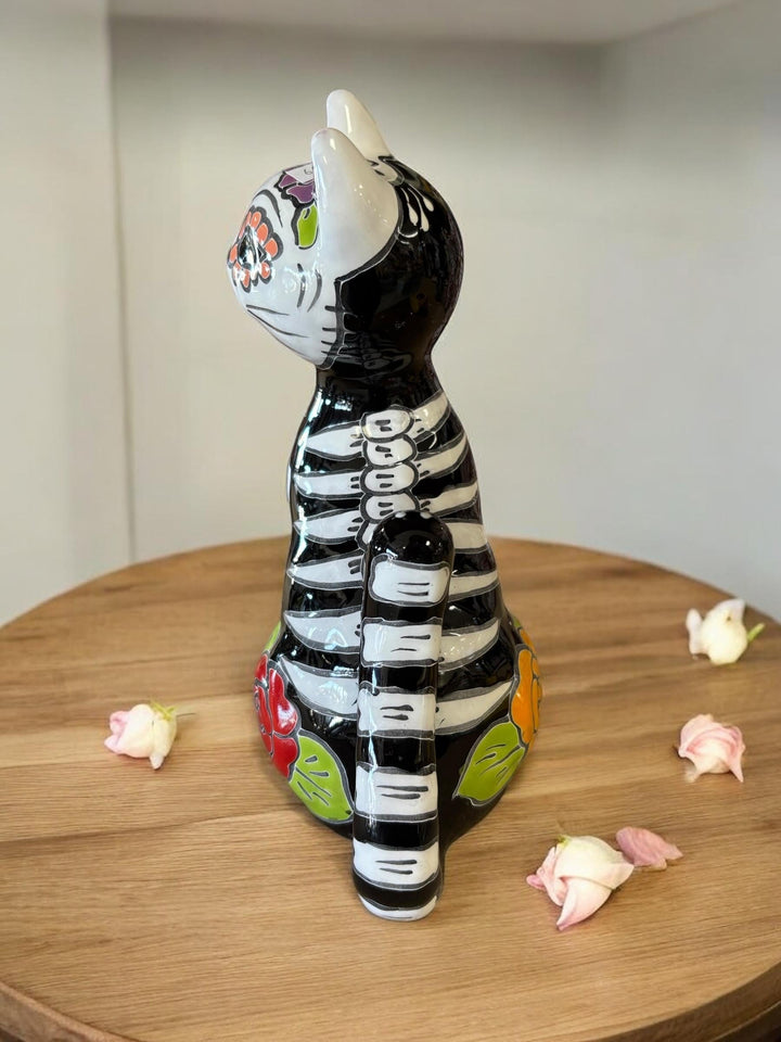 Small Hand Painted Floral Skeleton Cat Sculpture Figure