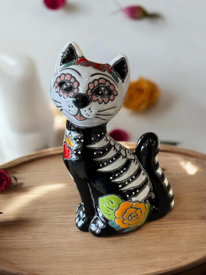 Small Hand Painted Floral Skeleton Cat Sculpture Figure