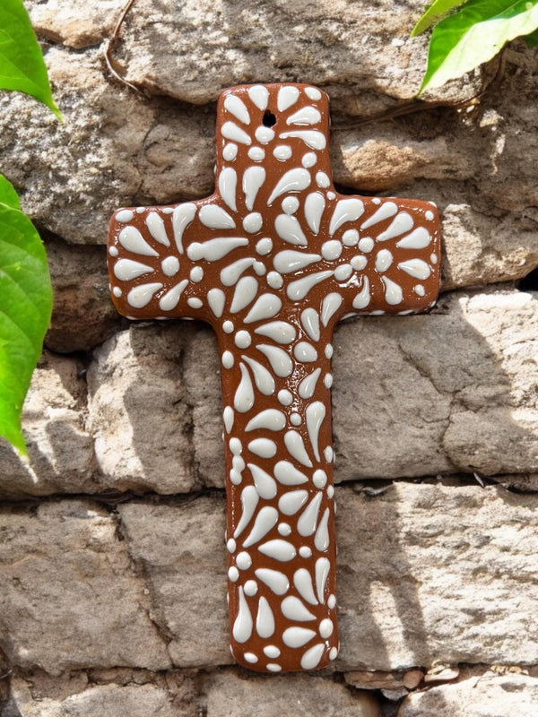 Hand Painted Talavera Brown and White Wave Cross