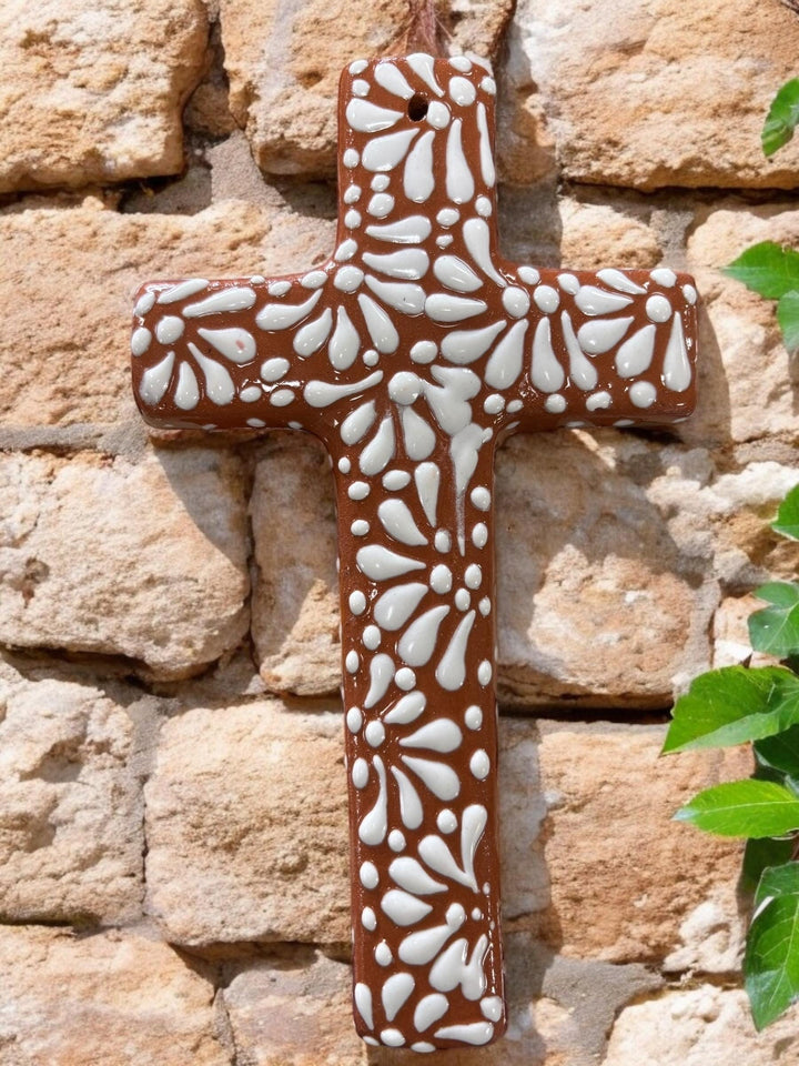 Hand Painted Talavera Brown and White Wave Cross