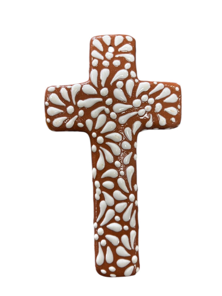 Hand Painted Talavera Brown and White Wave Cross