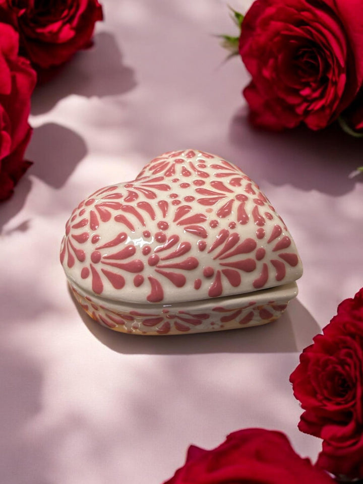 White and Pink Hand Painted Heart Jewelry Trinket Box