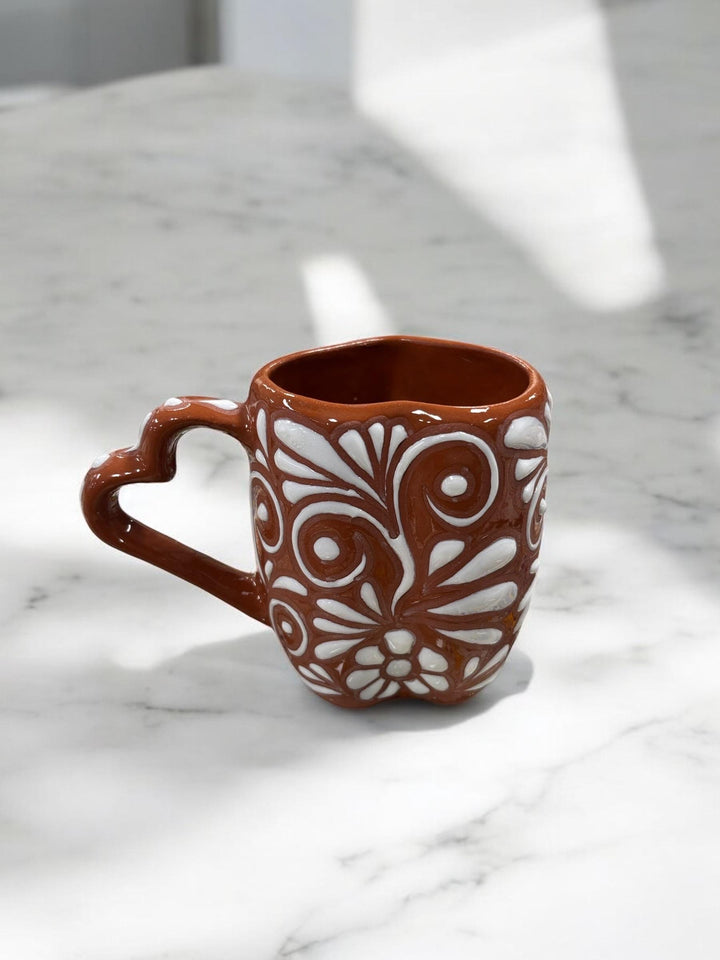 Handmade Talavera Dark Brown and White Heart Mug