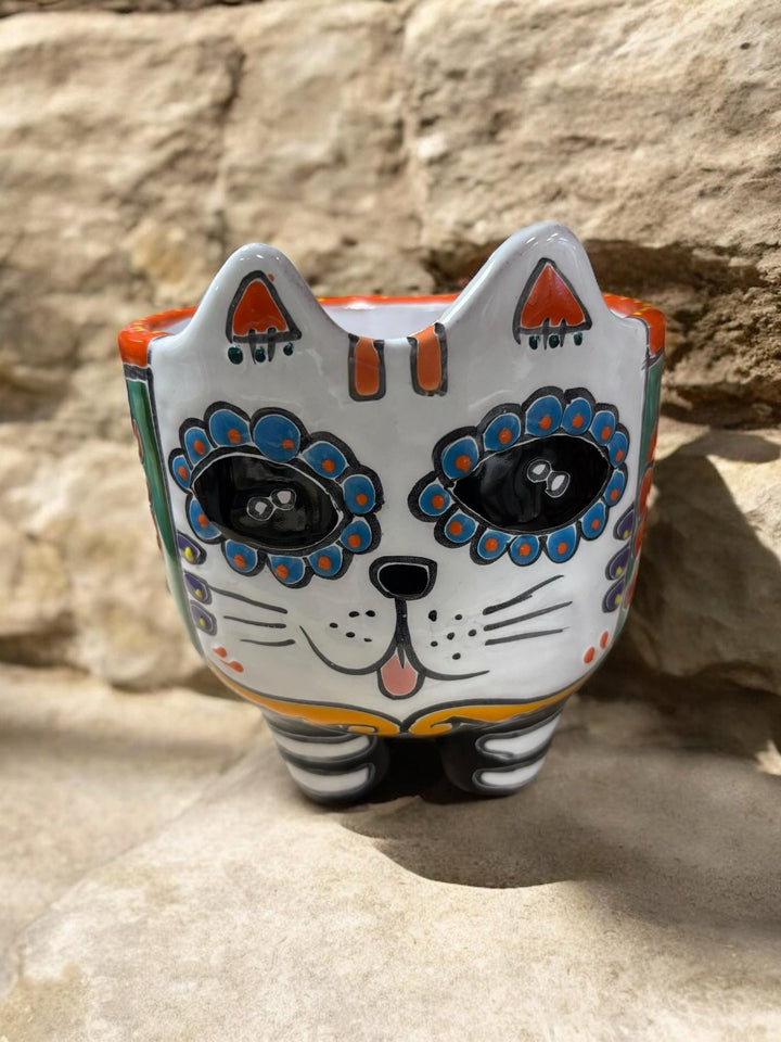 Cute Hand Painted Cat Skull Planter Pot