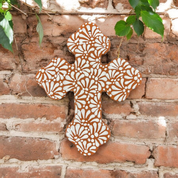 Hand Painted Talavera Brown and White Wave Large Clover Cross