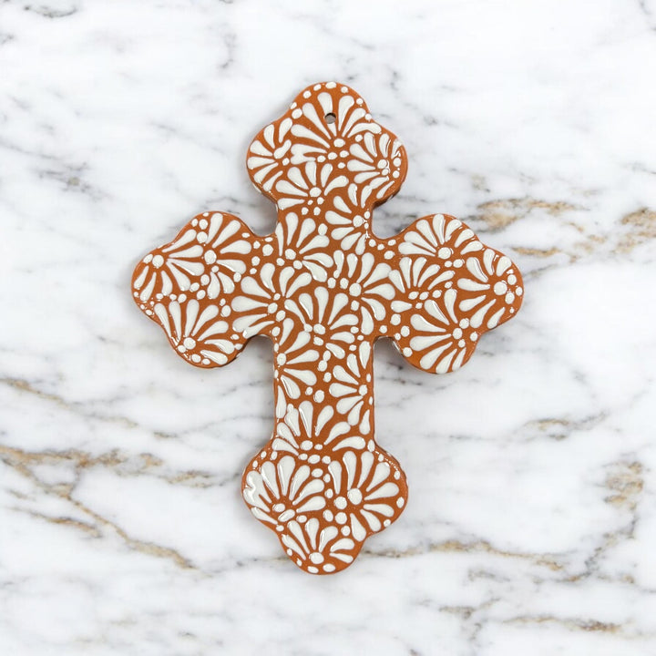 Hand Painted Talavera Brown and White Wave Large Clover Cross