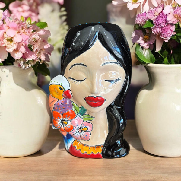 Hand Painted Woman Planter Pot Tall Bust Sculpture