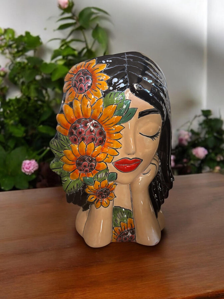 Hand Painted Woman Planter Pot Tall Bust Sculpture