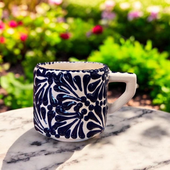 Hand Painted Talavera White and Dark Blue Geometric Mug