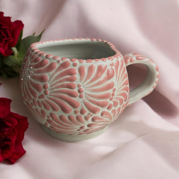 Talavera Traditional White and Pink Heart “Chocolatera” Hot Chocolate Mug