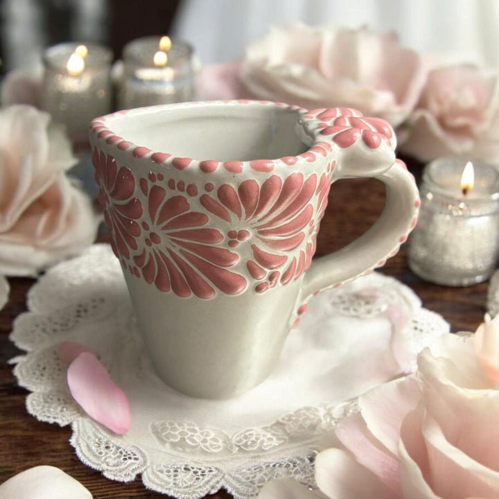 Talavera Traditional White and Pink Heart Mug with Scalloped Handle