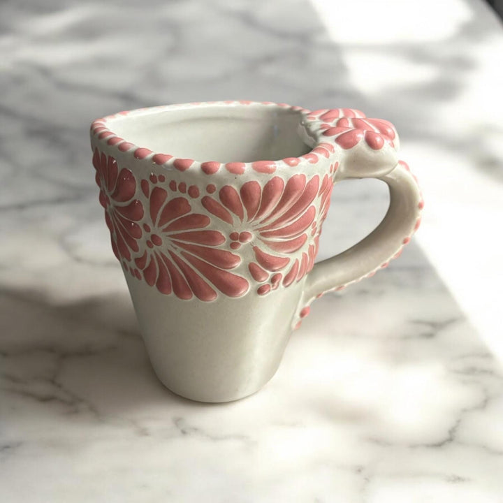 Talavera Traditional White and Pink Heart Mug with Scalloped Handle