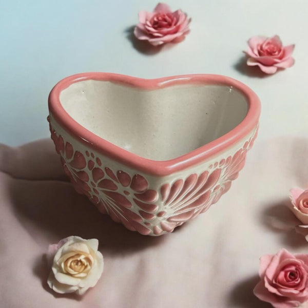 Hand Painted Talavera Traditional White and Pink Mini Heart Bowl