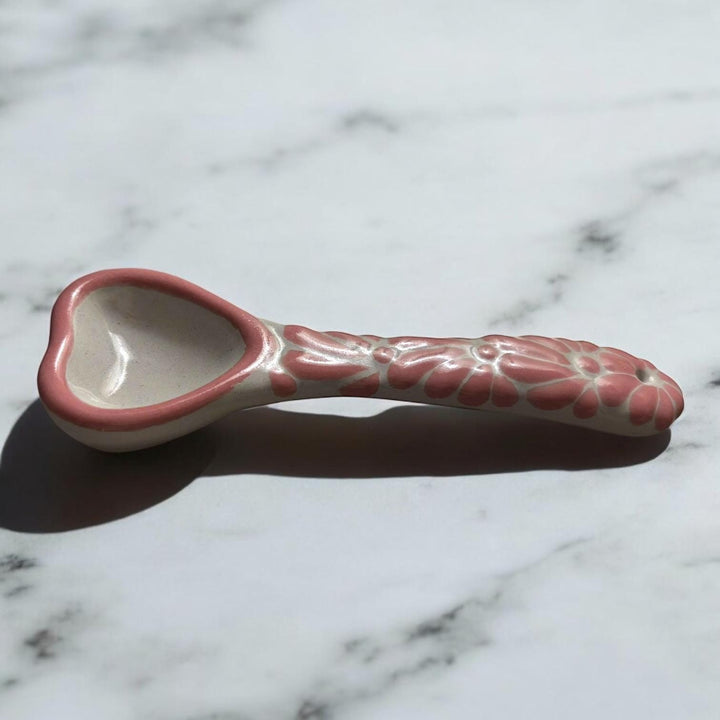 Hand Painted Talavera Traditional White and Pink Mini Heart Spoon