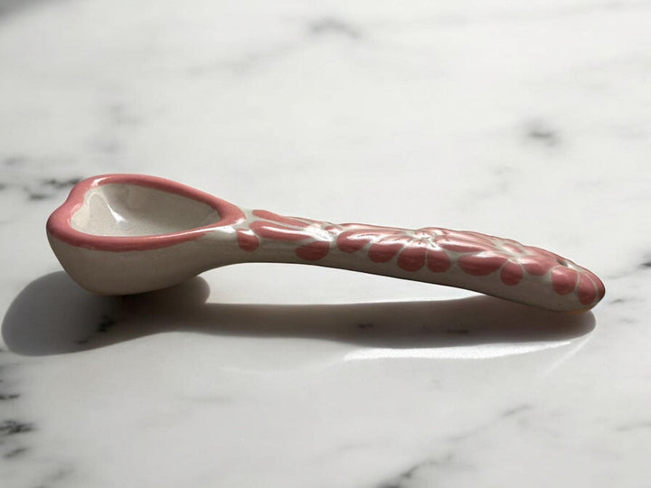 Hand Painted Talavera Traditional White and Pink Mini Heart Spoon