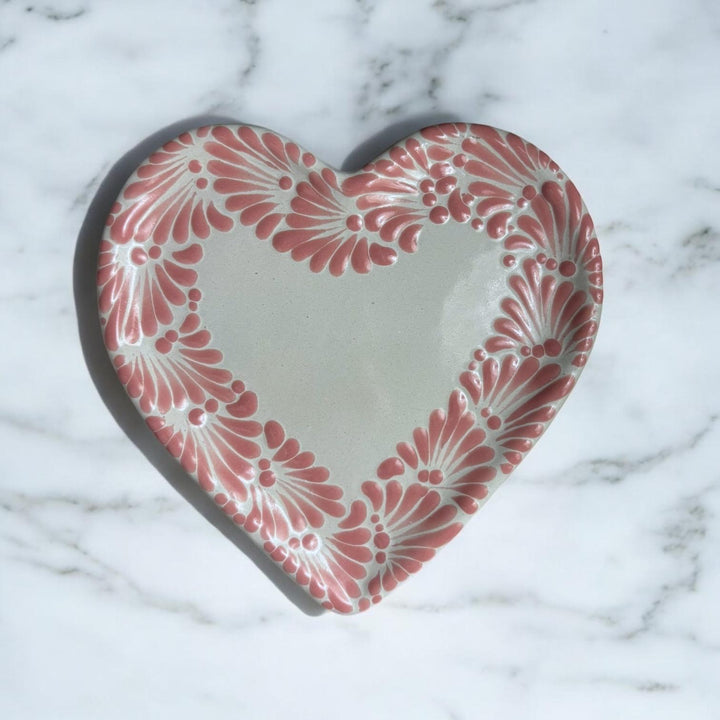 Hand Painted Talavera Traditional White and Pink Small Heart Plate