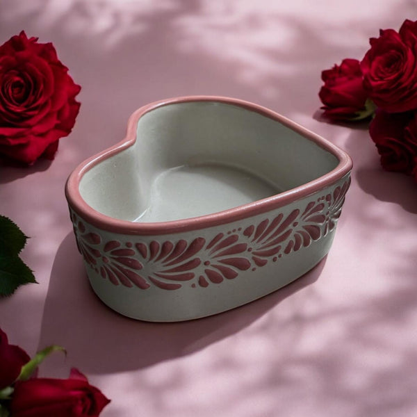 Hand Painted Talavera Traditional White and Pink Heart Bowl