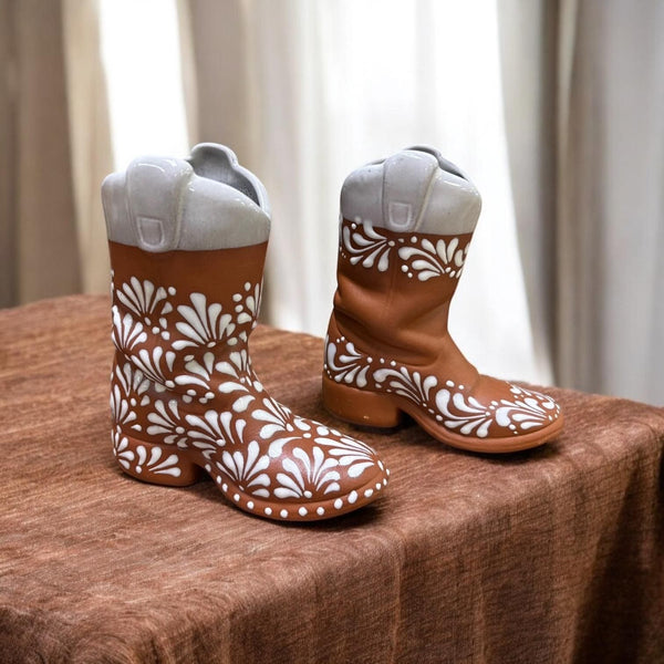 Mexican Cowboy Boot Flower Vase “Bota Vacera” in Brown Clay and White