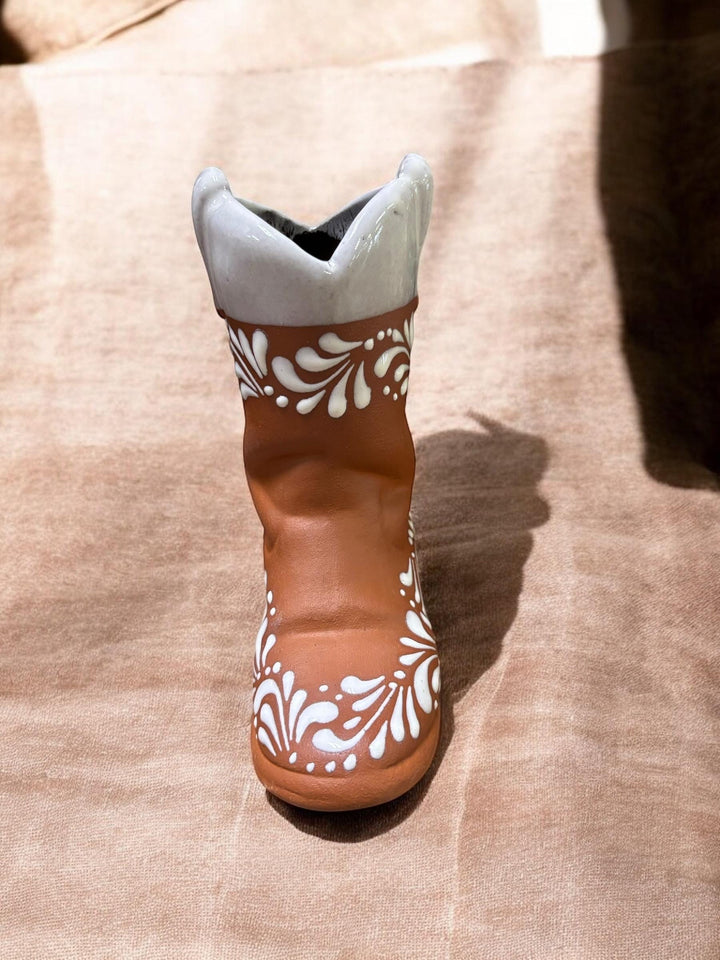 Mexican Cowboy Boot Flower Vase “Bota Vacera” in Brown Clay and White