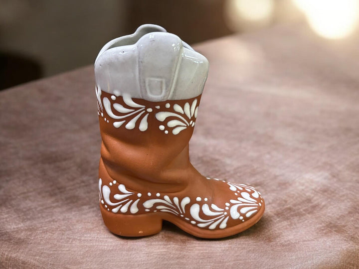 Mexican Cowboy Boot Flower Vase “Bota Vacera” in Brown Clay and White