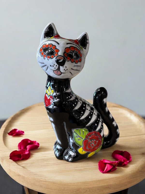 Small Hand Painted Floral Skeleton Cat Sculpture Figure