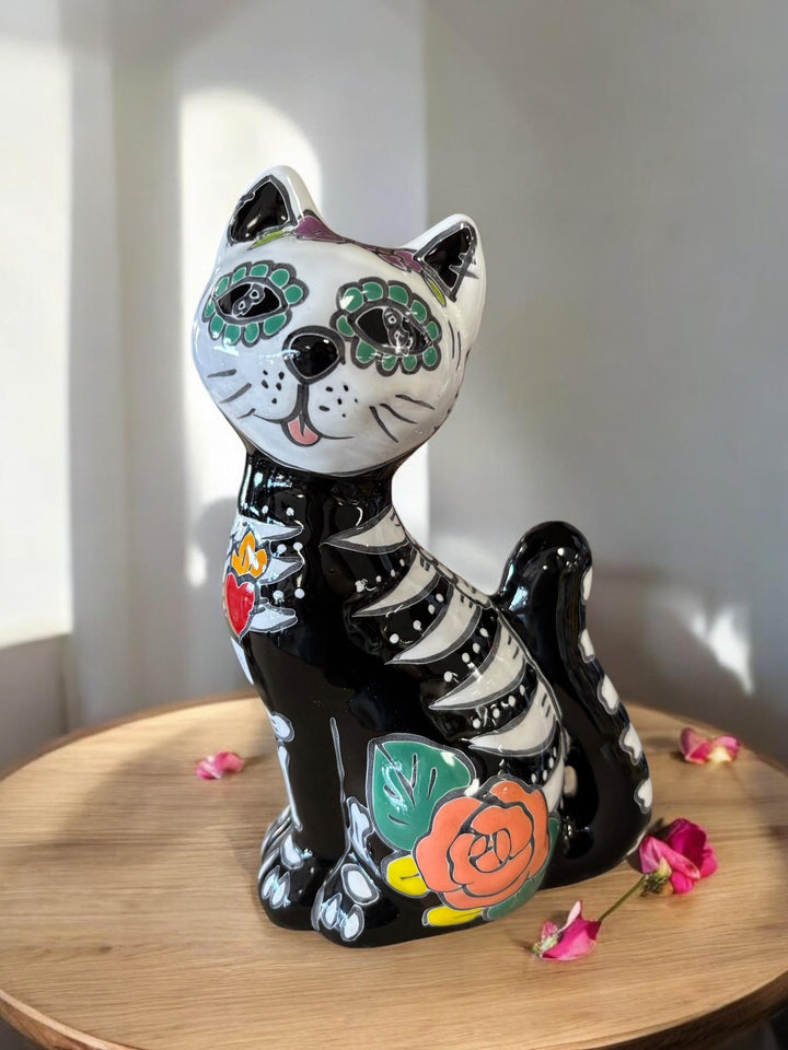 Small Hand Painted Floral Skeleton Cat Sculpture Figure