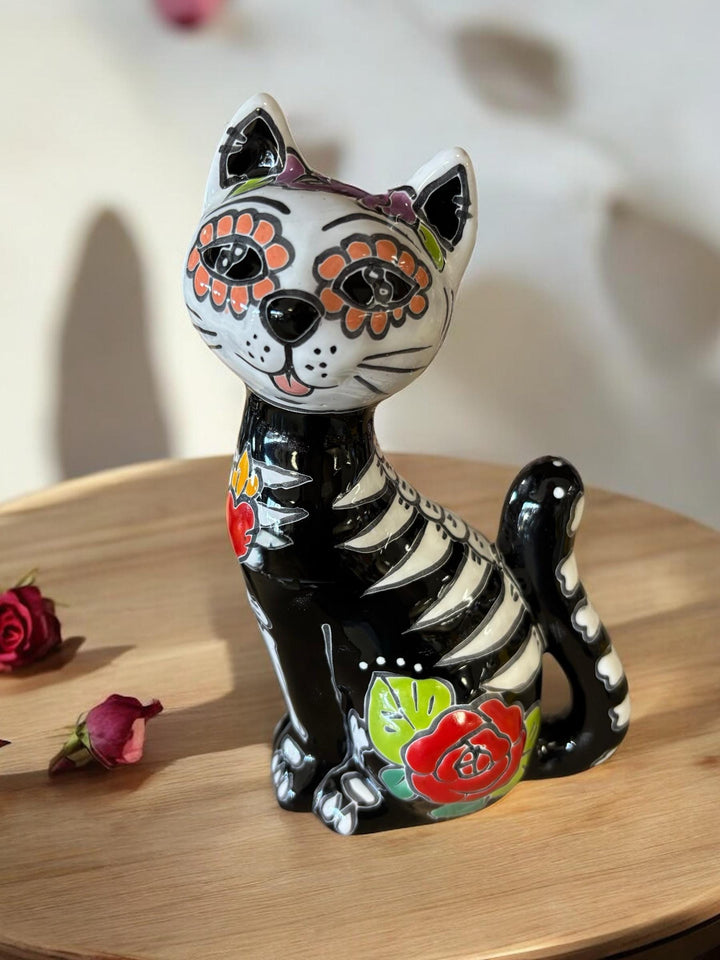 Small Hand Painted Floral Skeleton Cat Sculpture Figure