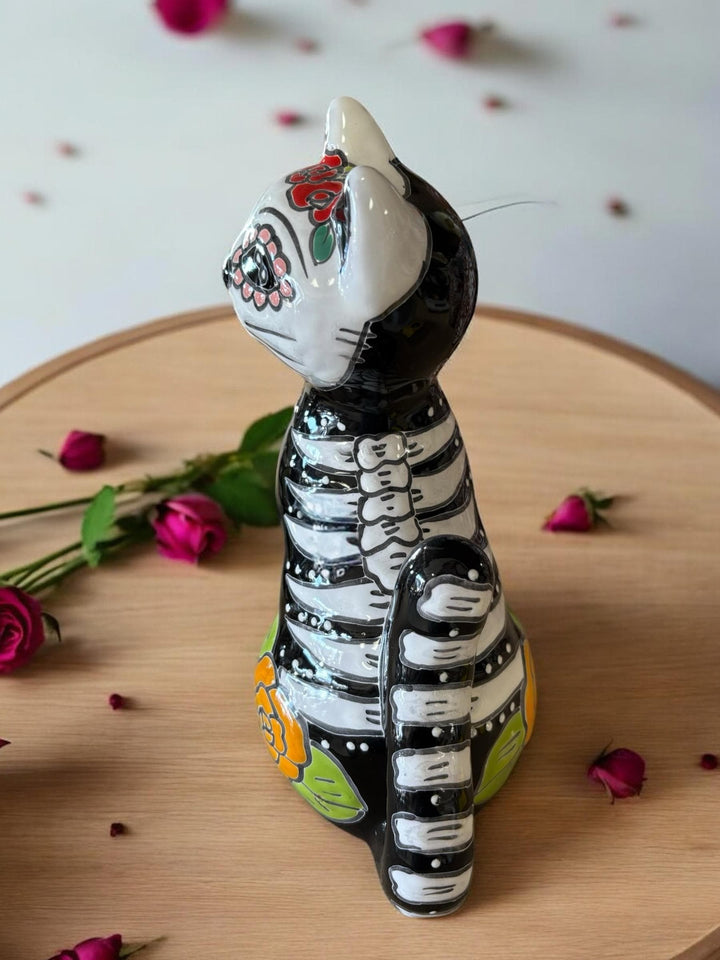 Small Hand Painted Floral Skeleton Cat Sculpture Figure