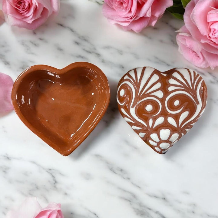 Handmade Mexican Talavera Dark Brown and White Heart Box