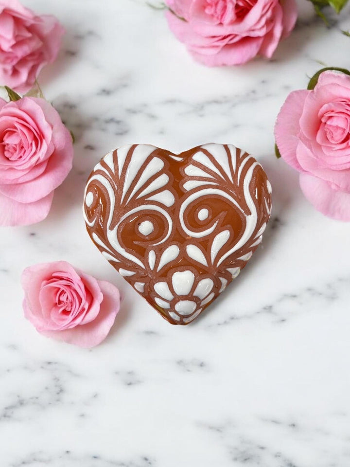 Handmade Talavera Dark Brown and White Heart Box