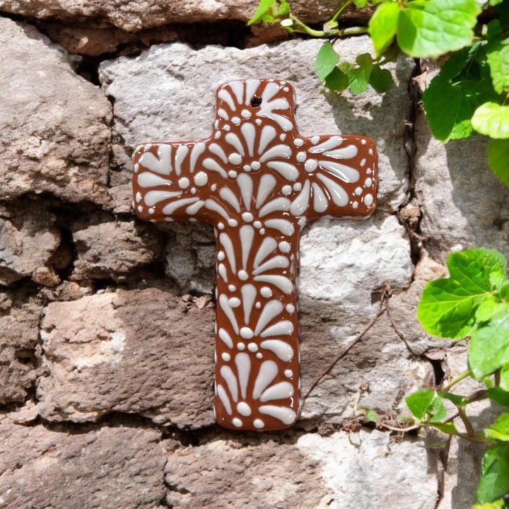 Hand Painted Talavera Brown and White Wave Cross