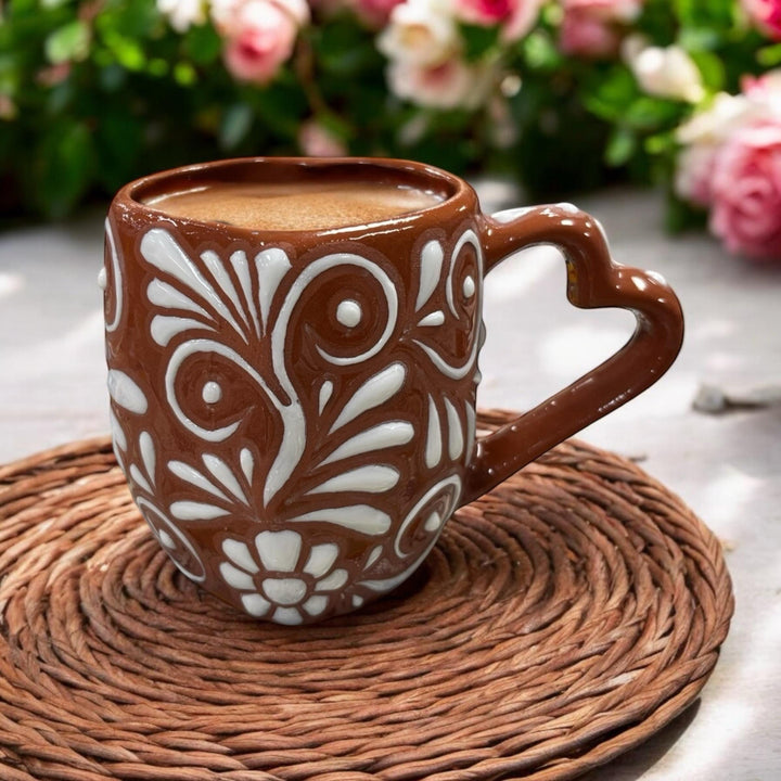 Handmade Talavera Dark Brown and White Heart Mug