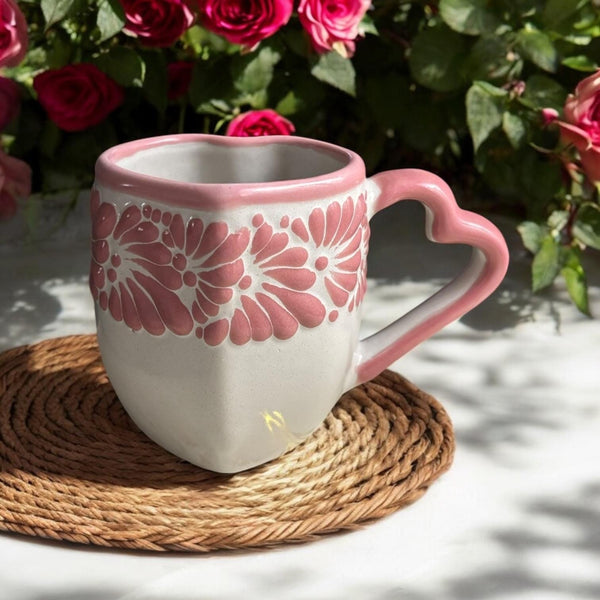 Hand Painted Talavera Traditional White and Pink Heart Mug