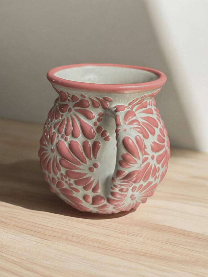 Hand Painted Talavera Traditional White and Pink Jarrito with Handle