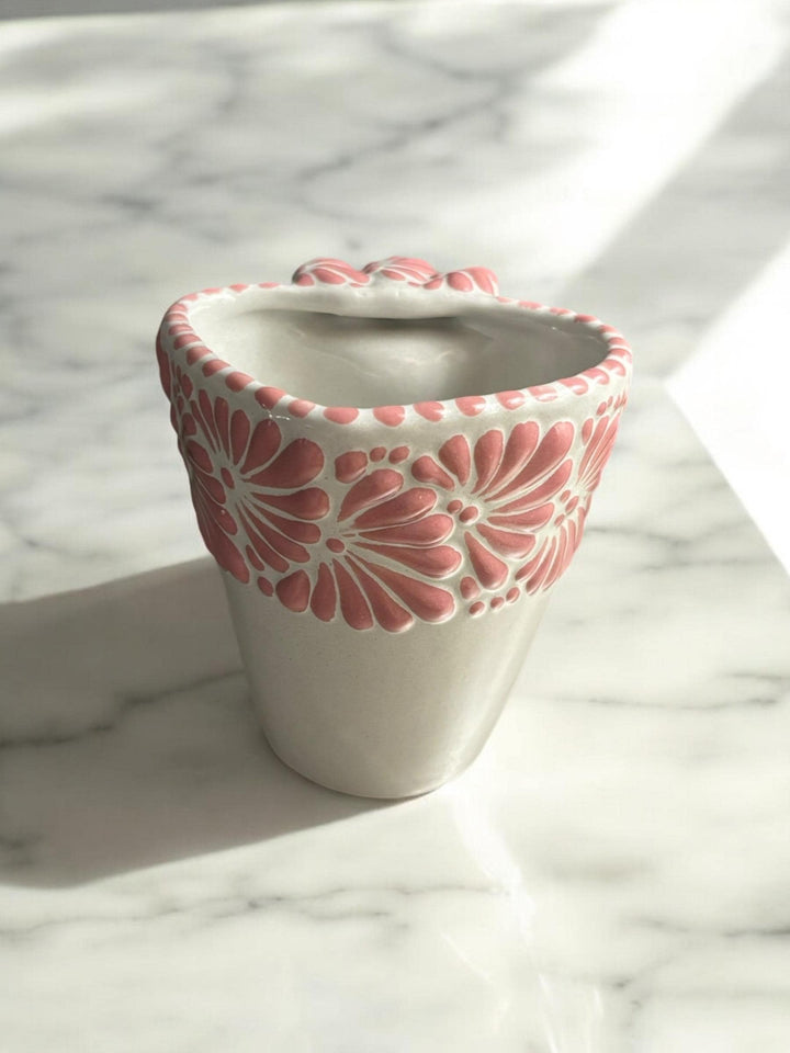 Talavera Traditional White and Pink Heart Mug with Scalloped Handle