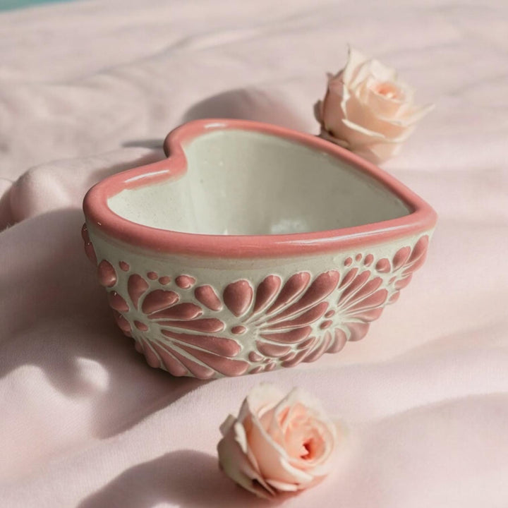 Hand Painted Talavera Traditional White and Pink Mini Heart Bowl