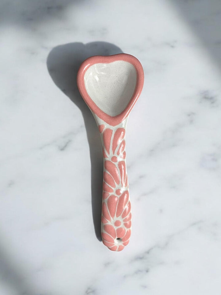 Hand Painted Talavera Traditional White and Pink Mini Heart Spoon