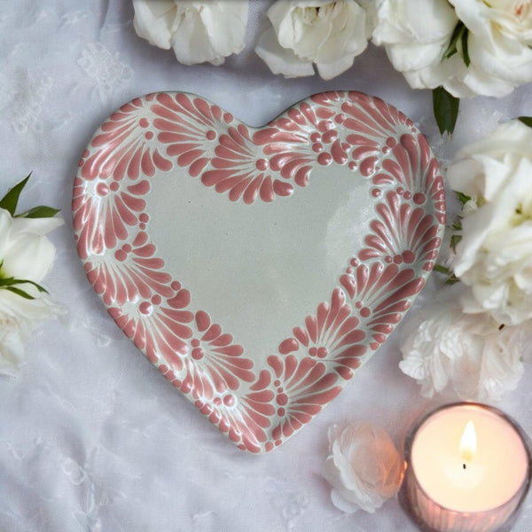 Hand Painted Talavera Traditional White and Pink Small Heart Plate