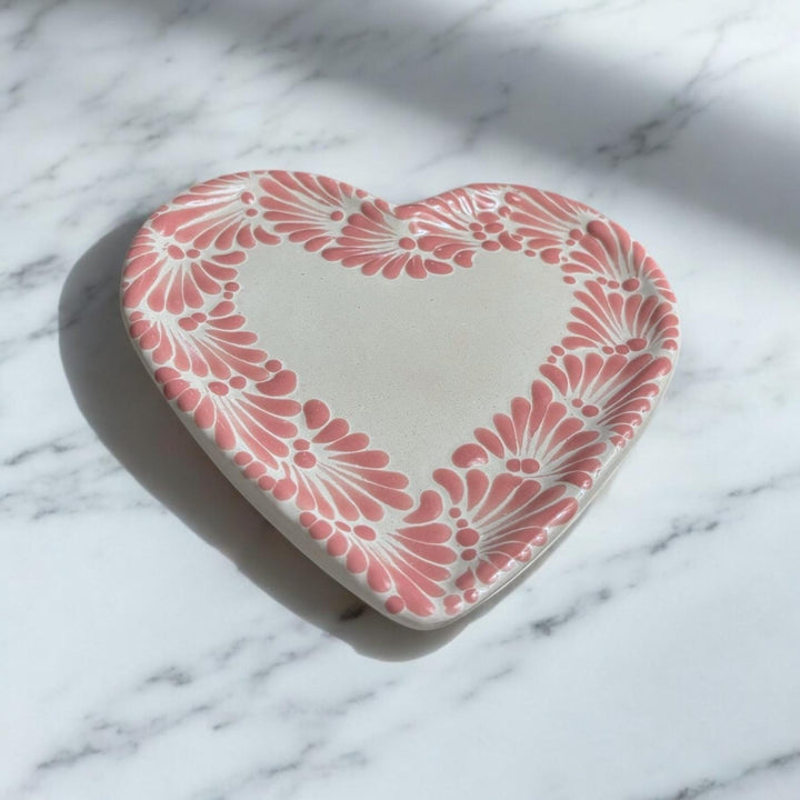 Hand Painted Talavera Traditional White and Pink Small Heart Plate