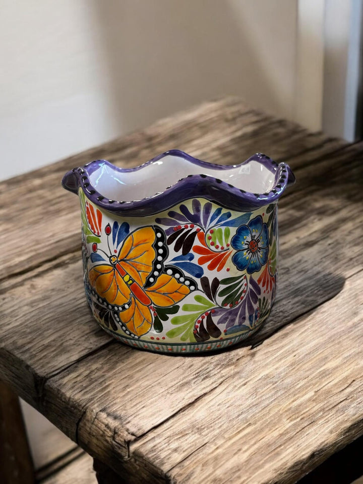 Handmade Talavera Large Multifloral Scalloped Rim Planter Pot