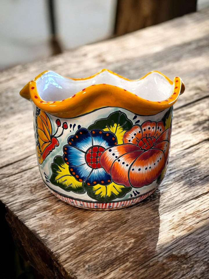 Handmade Talavera Large Multifloral Scalloped Rim Planter Pot