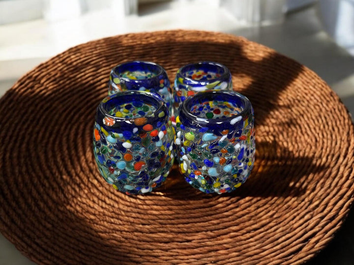 Hand Blown Mexican Colorful Shot Glass “Tequilero de Piedritas” – Assorted Quantities