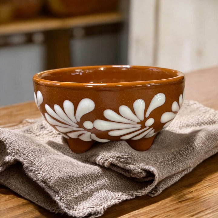 Small Handmade Molcajete Salsa Bowl in Brown Clay and White