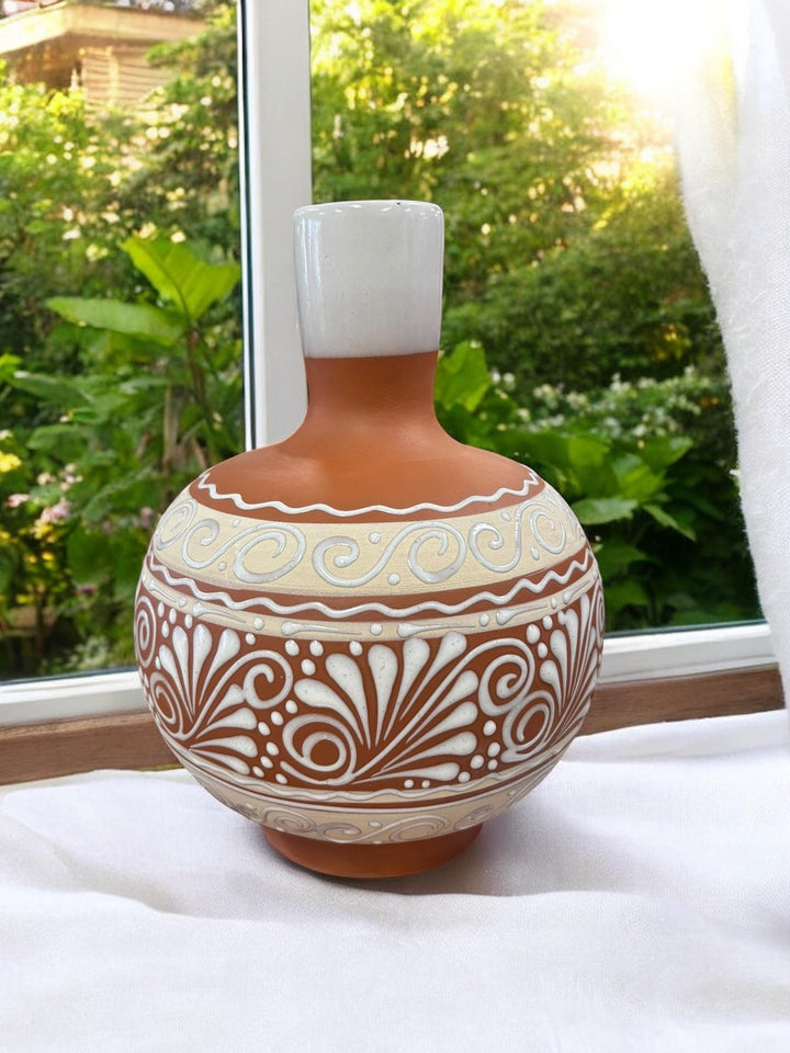 Mexican Water Jug with Cup “Botellon Con Vaso” — Clay Brown and White